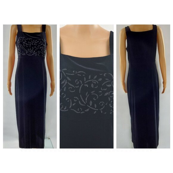 Vintage Black 80s 90s VELVET Maxi Dress sz 10 Medium Party Dress, Holiday Dress, - Picture 2 of 7